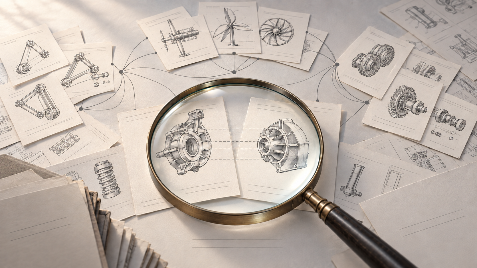 Editorial illustration of a lens revealing related inventions across clusters of patent documents.
