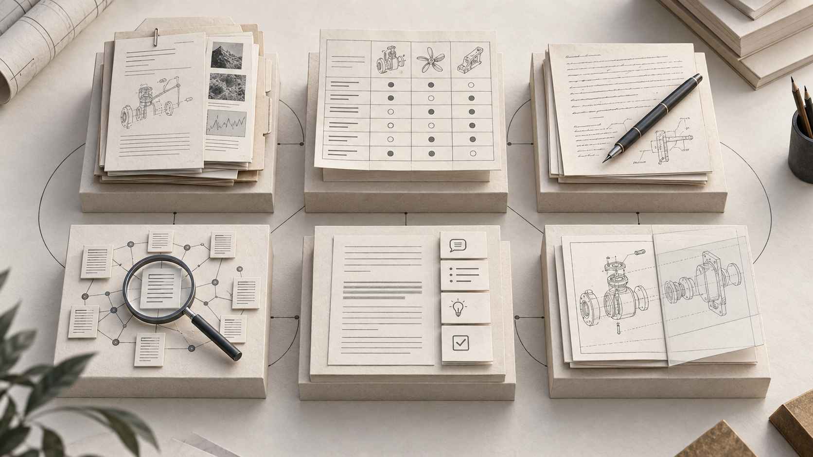 Editorial illustration of six equally weighted patent workflows, including search, drafting, charts, and evidence.