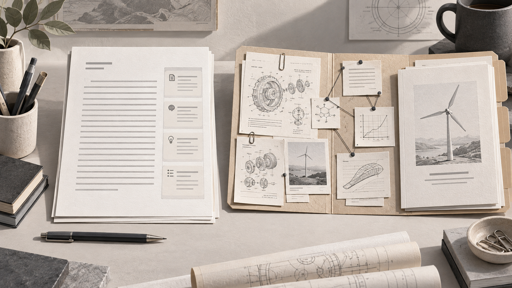 Editorial illustration of a manuscript beside an open research folder with connected source documents.