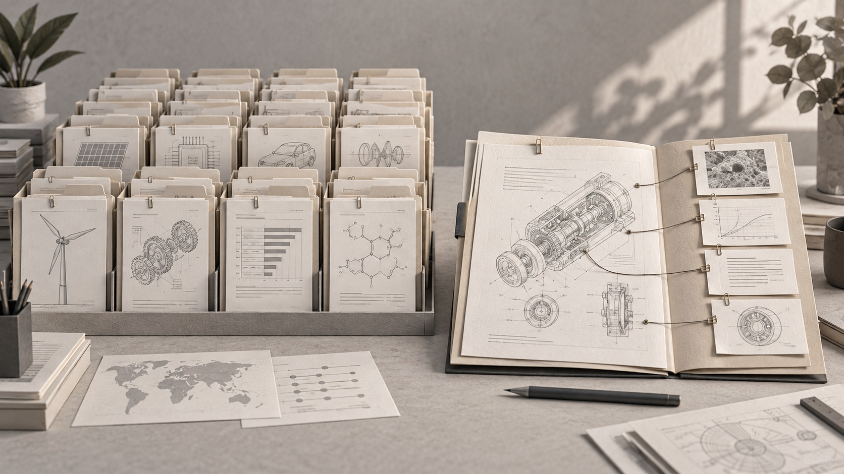 Editorial illustration comparing a department's organized patent files with a practitioner's open matter folio.