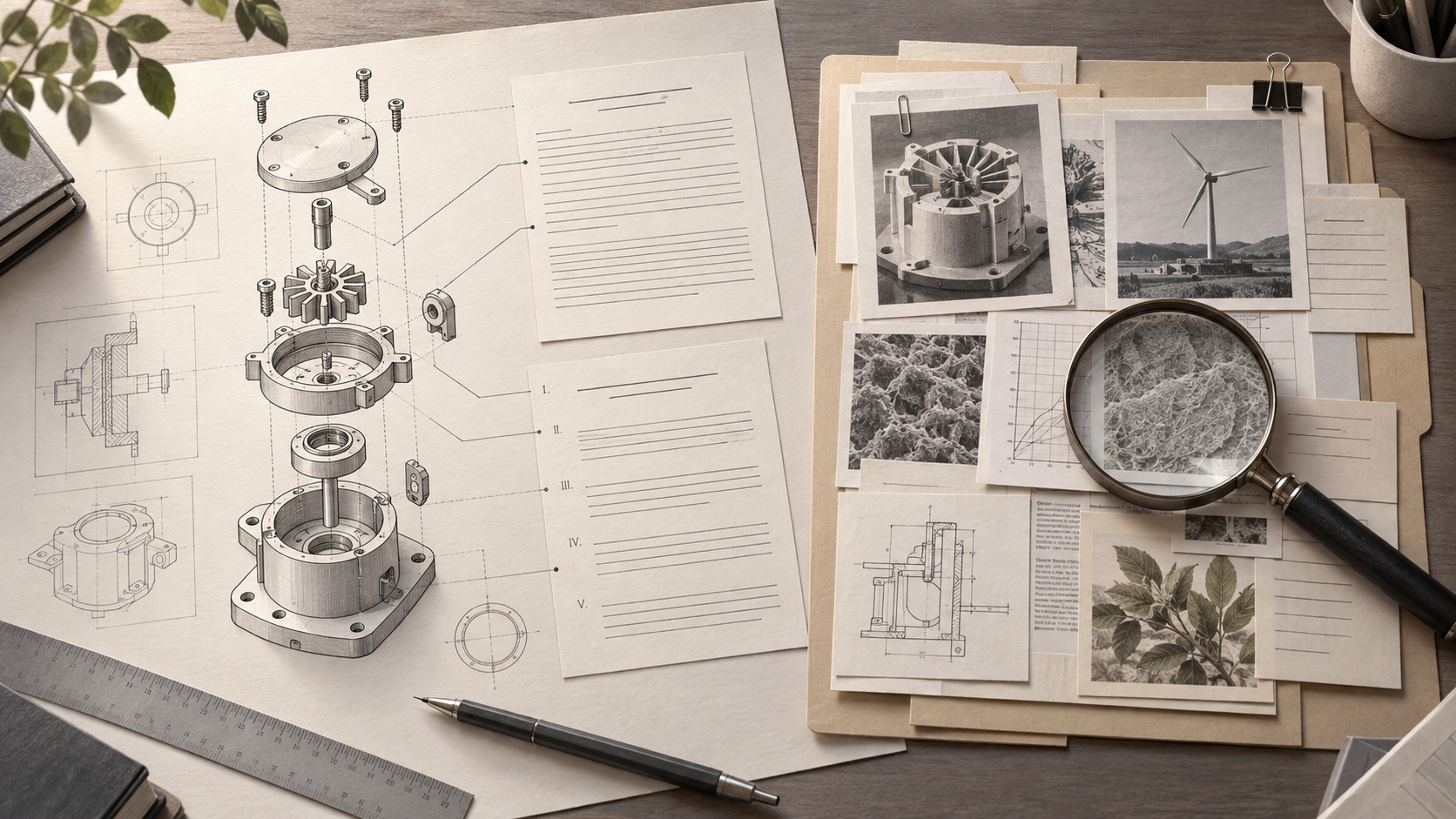 Editorial illustration of synchronized technical drawings and manuscript pages beside an evidence folio.