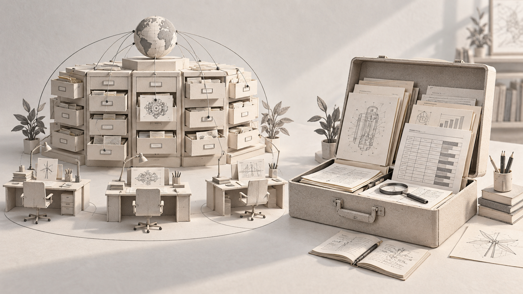 Editorial illustration of a shared patent archive beside a self-contained case of research files.