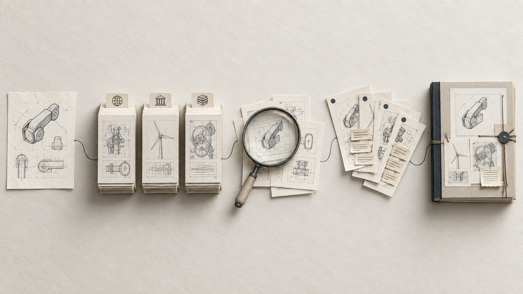 Editorial illustration tracing an invention sketch through research and reference review to a documented search memo.