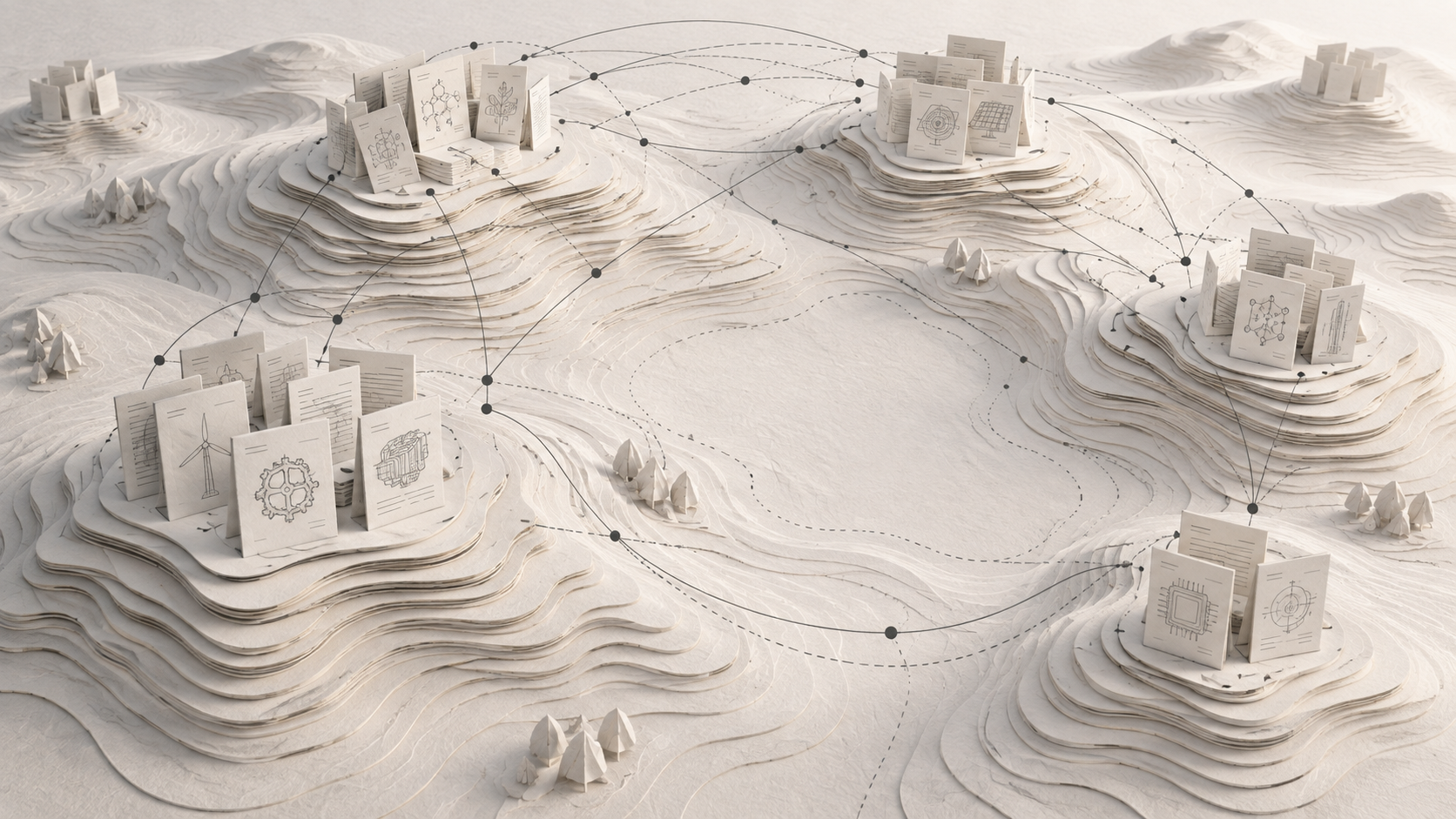 Editorial illustration of patent clusters and citation paths across a layered paper technology landscape.