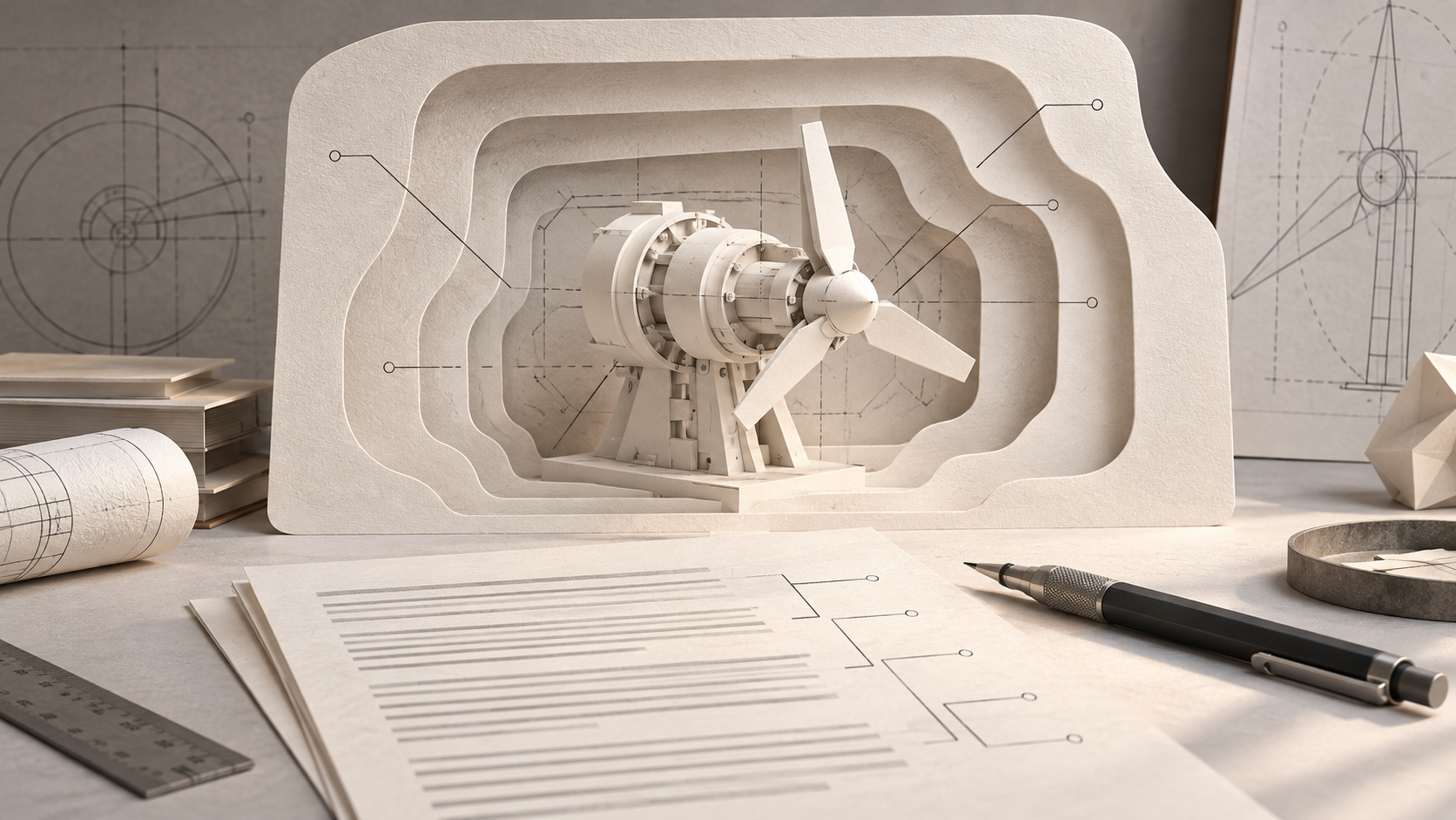 Editorial illustration of a technical invention within nested paper boundaries beside a drafting pen.