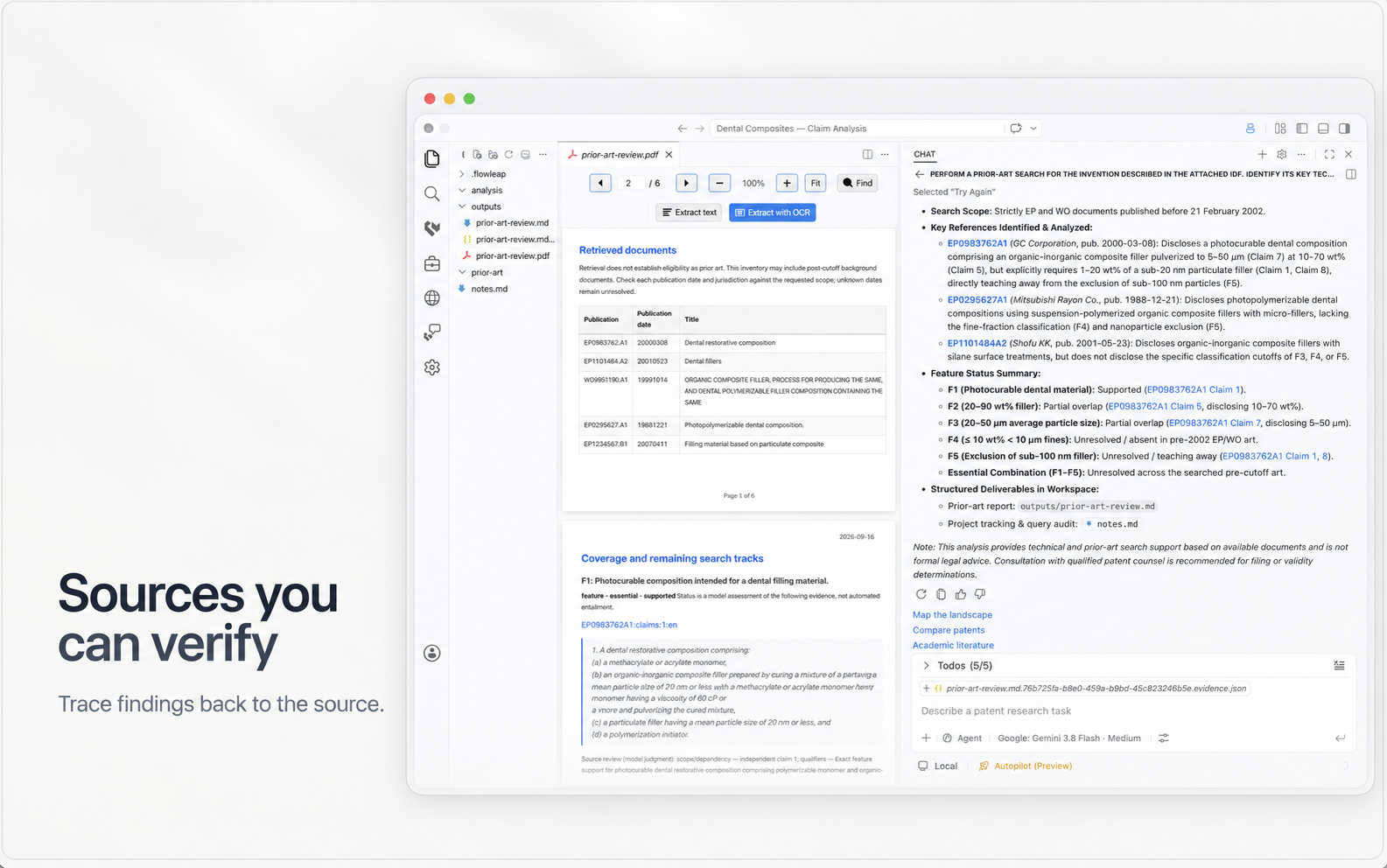 Presentation of FlowLeap’s prior-art report and linked patent references. Sources you can verify. Trace findings back to the source.