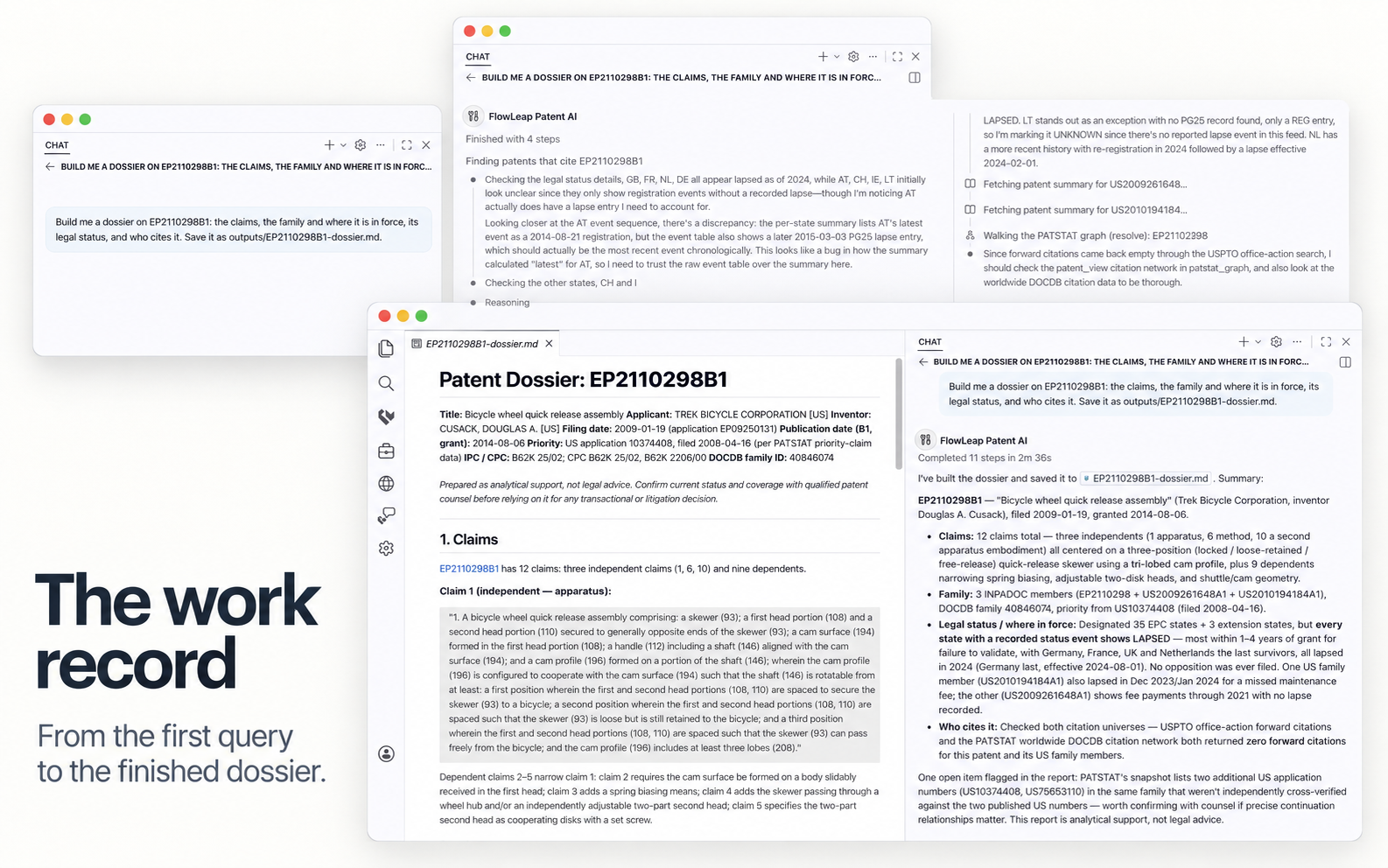FlowLeap’s work record for EP2110298B1, showing the request, patent and PATSTAT tool activity, and completed dossier. From the first query to the finished dossier.